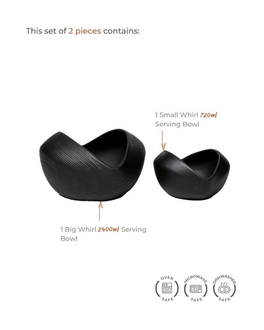 Big & Small Whirl Bowl Main Course Serving Set Matt Black (2 Pieces)