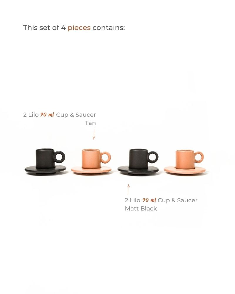 Lilo Cup and Saucer (Set of 4) Matt Black & Matt Tan - Gift Set