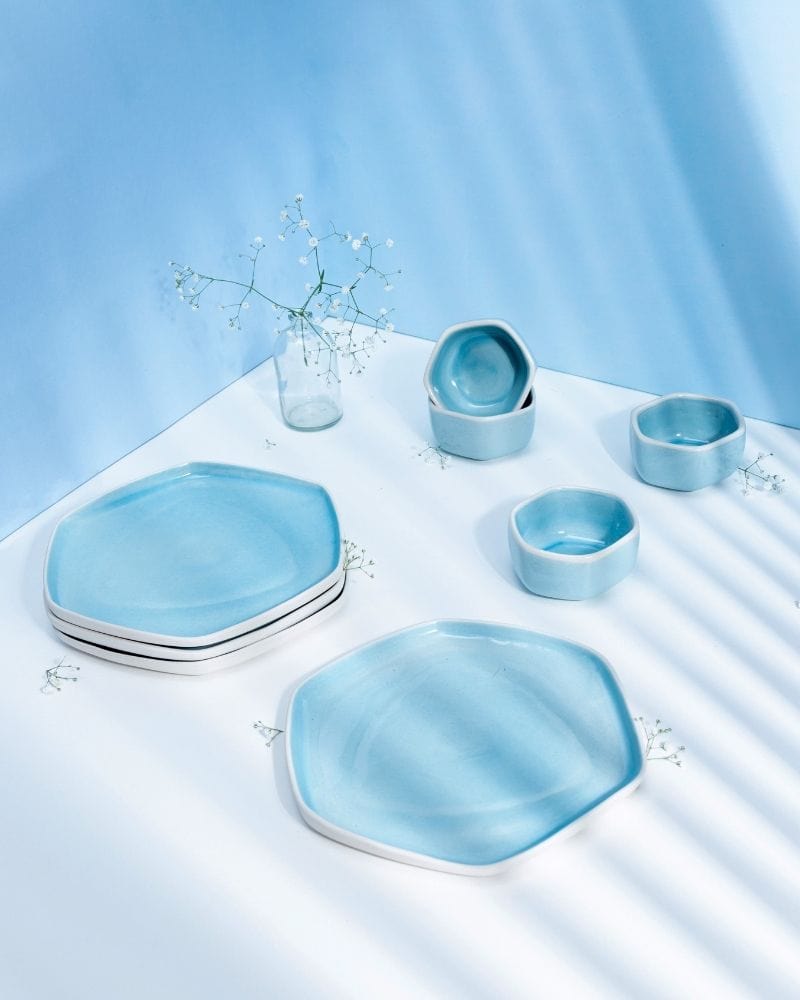Ware Innovations Mumbai Table Settings Aqua Honeycomb Snack Plate and Bowl Set (8 pieces)